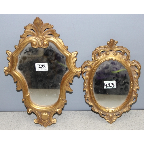 423 - 2 small ornate gilt-framed shaped mirrors, largest 38cm x 24cm