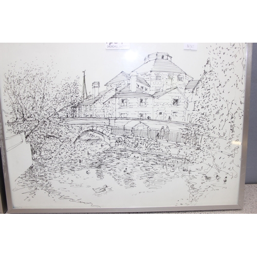 431 - 2 landscape pen drawings by Eugene Fisk (1938-2018), signed, largest approx 51 x 41cm