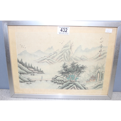 432 - 2 framed Chinese watercolours on silk of mountainous village scenes and a scroll painting of pandas ... 