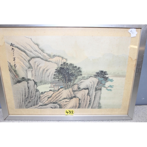 432 - 2 framed Chinese watercolours on silk of mountainous village scenes and a scroll painting of pandas ... 