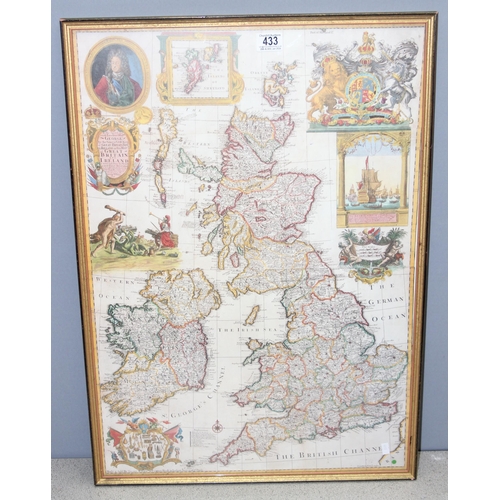 433 - Framed reproduction map of the UK and Ireland, approx 76 x 55cm