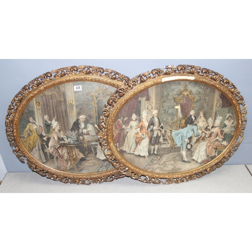 435 - Pair of large antique coloured Regency themed prints in impressive gilt frames (a/f), approx 82 x 67... 