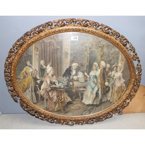 435 - Pair of large antique coloured Regency themed prints in impressive gilt frames (a/f), approx 82 x 67... 