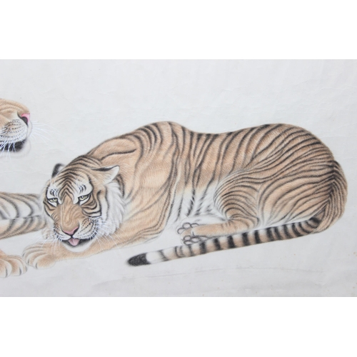 436 - A large and impressive high quality Chinese watercolour on paper painting of recumbent tigers, Chine... 