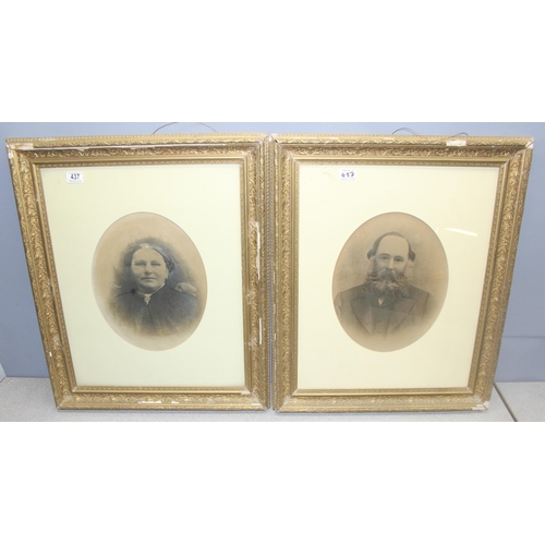 437 - 2 antique gilt framed photographic print portraits of a Victorian lady and gentleman, approx 74 x 61... 