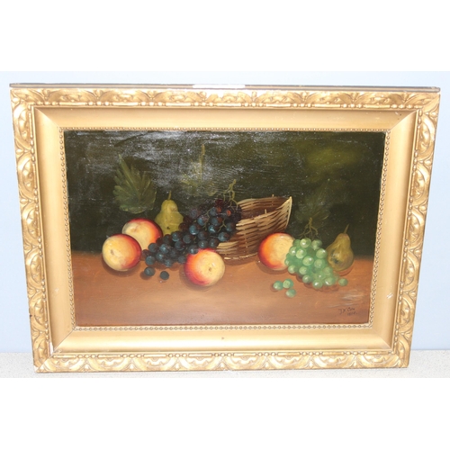 442 - J.F. Cox (XIX-XX), oil on board still life of fruits dated 1894, in impressive gilt frame, approx 73... 