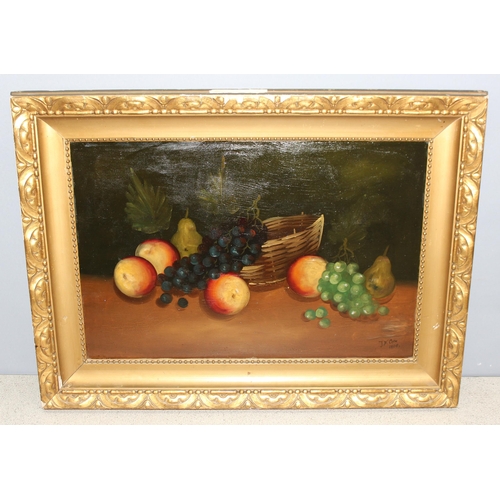 442 - J.F. Cox (XIX-XX), oil on board still life of fruits dated 1894, in impressive gilt frame, approx 73... 