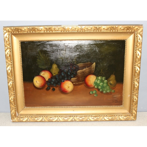 442 - J.F. Cox (XIX-XX), oil on board still life of fruits dated 1894, in impressive gilt frame, approx 73... 