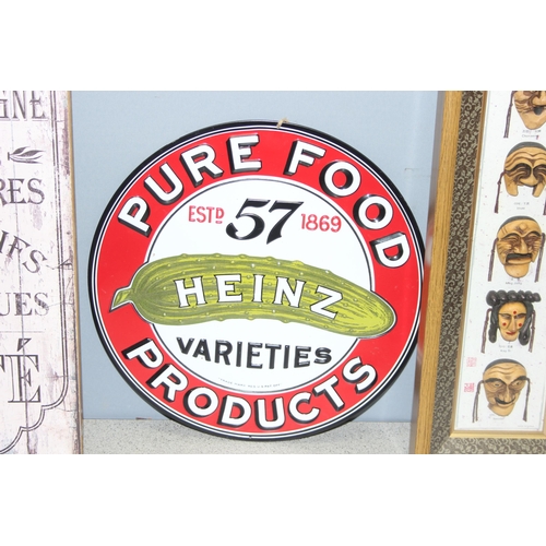 443 - Heinz circular tinware advertising sign, retro look oyster and shellfish ad on board, and a framed s... 