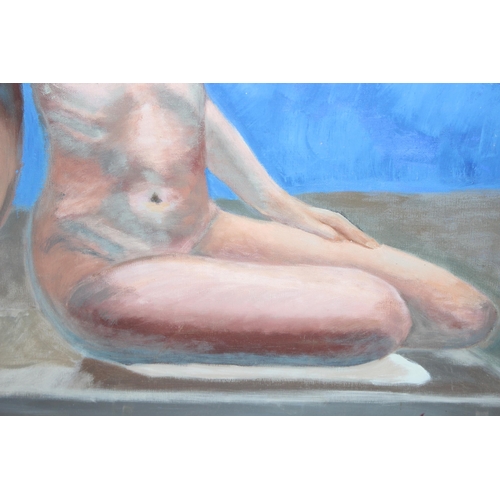 445 - Modern acrylic on canvas painting of a female nude, initialled lower right and dated 17, unframed, a... 