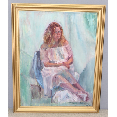 447 - 20th century oil on board of a seated female, signed AWB lower right, approx 68cm x 54cm inc frame