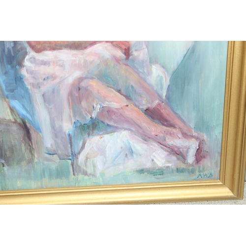 447 - 20th century oil on board of a seated female, signed AWB lower right, approx 68cm x 54cm inc frame