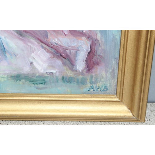 447 - 20th century oil on board of a seated female, signed AWB lower right, approx 68cm x 54cm inc frame