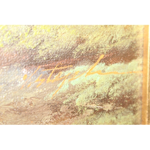 448 - 20th century oil on canvas of a landscape, indistinctly signed, in highly decorative gilt frame, app... 