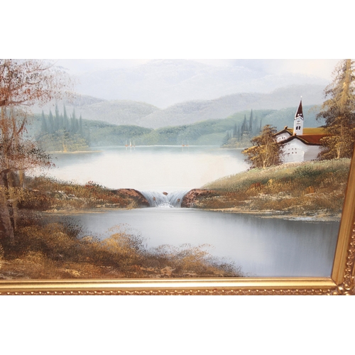 449 - 20th century oil on canvas of a landscape with lake and church, indistinctly signed, in highly decor... 