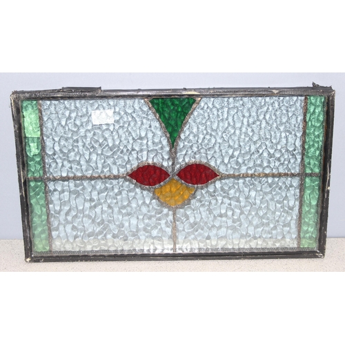 458 - Colourful and decorative leaded stained glass window, approx 55cm x 32cm