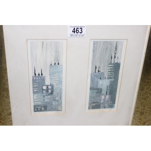 463 - Grey Buildings 1 & 2, pencil signed prints in frame bearing Complete Colour of London label verso, a... 