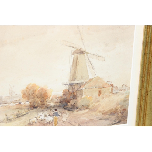 464 - Robert Kilpatrick (Scottish, XX) - Original watercolour in frame of a windmill and sheep, signed bot... 