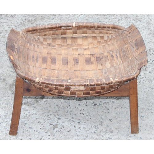 58 - An unusual vintage wicker and woven wooden basket table on legs, marked P Jorce or Jorge?, possibly ... 