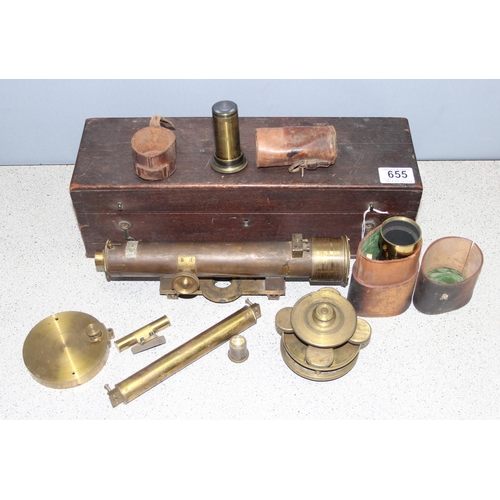 655 - An antique brass Theodolite in mahogany case, with 2 additional leather cased lenses, one by Dallmey... 