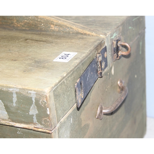 804 - Large vintage wooden site tool chest on wheels with some contents, approx 78cm x 43cm x 34cm