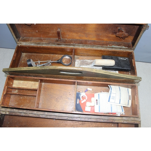 804 - Large vintage wooden site tool chest on wheels with some contents, approx 78cm x 43cm x 34cm