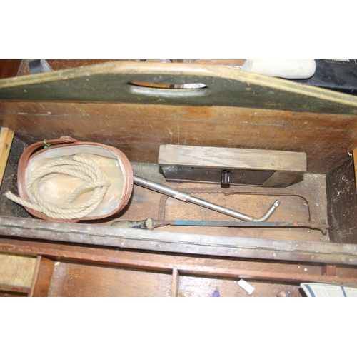 804 - Large vintage wooden site tool chest on wheels with some contents, approx 78cm x 43cm x 34cm