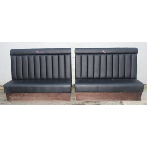 95 - A pair of black leatherette high backed wall benches or seats, previously part of an American style ... 
