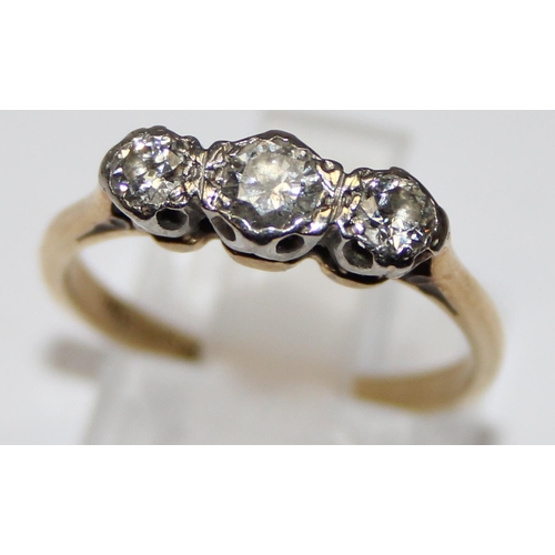 1105 - 18ct yellow gold and platinum set trilogy diamond ring, marked 18ct gold , approx size N, approx 2.3... 