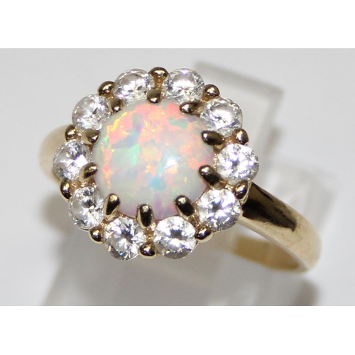 1110 - 14ct gold, white stone and opal set dress ring, full hallmarks and XRF tested, approx size P, approx... 