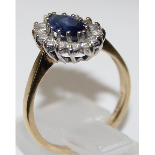 1112 - 14ct gold blue & white stone set cocktail ring, full hallmarks and XRF tested, approx size P, approx... 