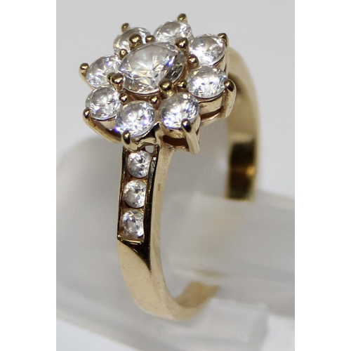 1113 - 14ct gold & white stone floral set cocktail ring, Italian hallmarks and XRF tested, approx size O, a... 