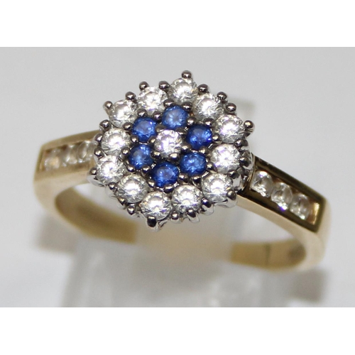 1114 - 14ct gold, white & blue stone floral set cocktail ring, full hallmarks and XRF tested, approx size P... 