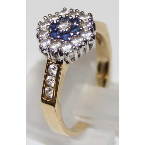 1114 - 14ct gold, white & blue stone floral set cocktail ring, full hallmarks and XRF tested, approx size P... 