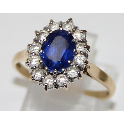 1115 - 14ct gold, Sapphire & white stone set cocktail ring, full hallmarks and XRF tested, approx size O, a... 