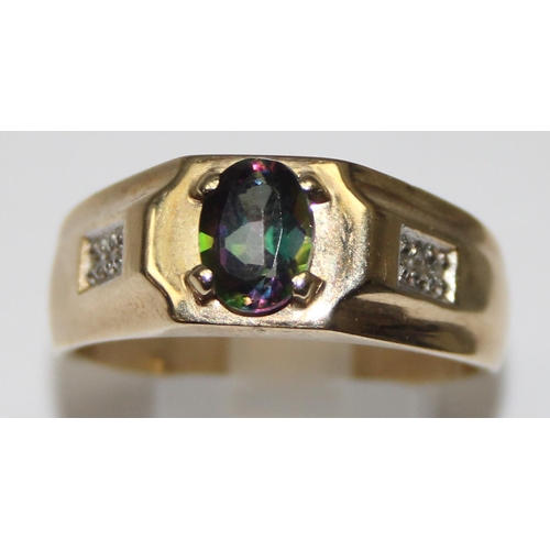 1116 - Retro style 9ct gold mystic topaz cocktail ring with diamond set shoulders, full hallmarks and XRF c... 