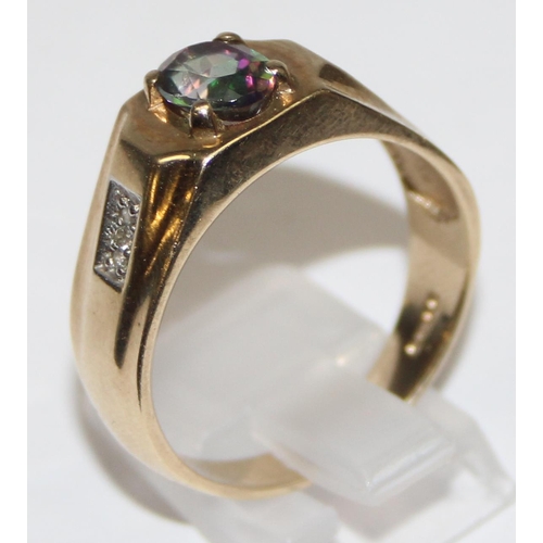 1116 - Retro style 9ct gold mystic topaz cocktail ring with diamond set shoulders, full hallmarks and XRF c... 