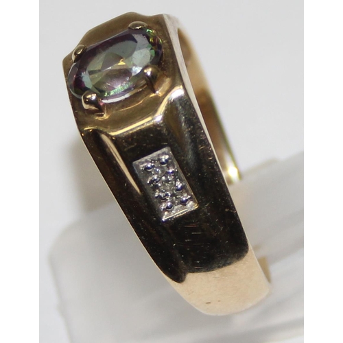 1116 - Retro style 9ct gold mystic topaz cocktail ring with diamond set shoulders, full hallmarks and XRF c... 