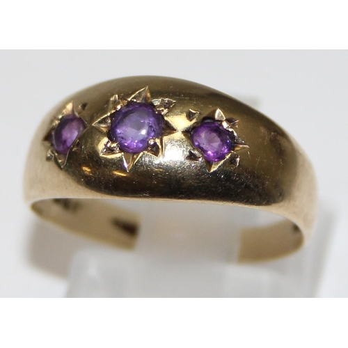 1117 - An antique style amethyst gypsy set ring, full but rubbed hallmarks and XRF confirmed, approx size N... 