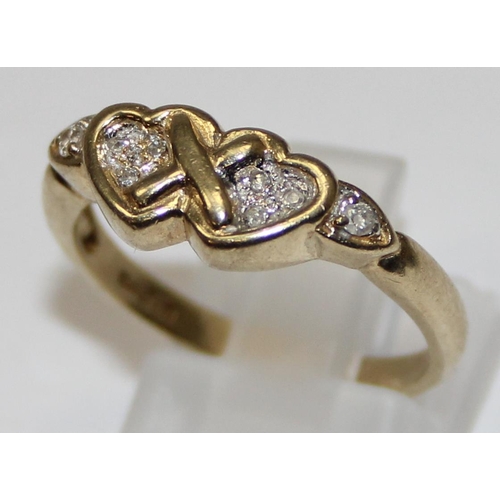 1123 - 9ct gold and pave diamond ring in heart shaped setting, full hallmarks and XRF confirmed, approx siz... 