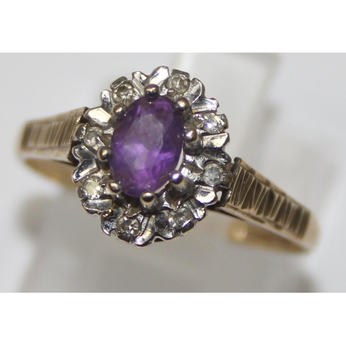 1126 - A retro 9ct gold amethyst and diamond ring, full hallmarks and XRF confirmed, approx size O, approx ... 