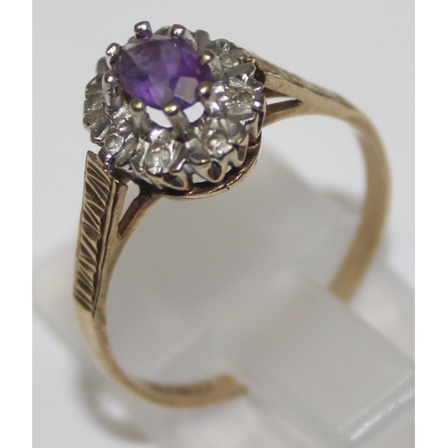 1126 - A retro 9ct gold amethyst and diamond ring, full hallmarks and XRF confirmed, approx size O, approx ... 