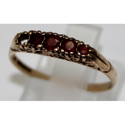 1127 - 9ct gold ruby set ring, full hallmarks and XRF confirmed, approx size P, approx 1.33g gross