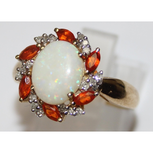 1129 - 9ct gold opal, diamond and orange stone set cocktail ring, full hallmarks and XRF confirmed, approx ... 