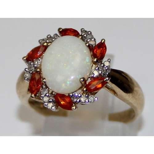 1129 - 9ct gold opal, diamond and orange stone set cocktail ring, full hallmarks and XRF confirmed, approx ... 