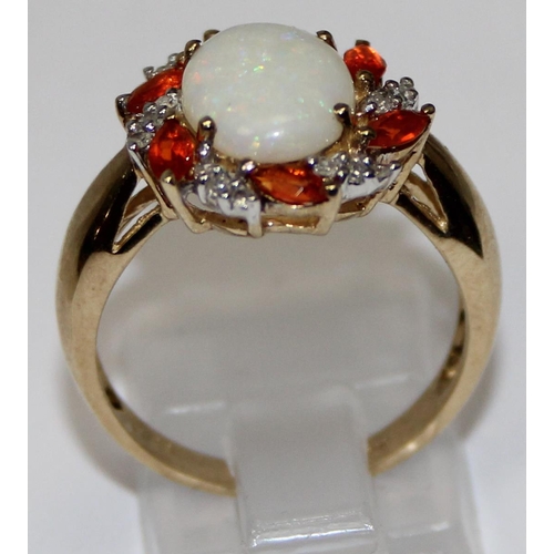 1129 - 9ct gold opal, diamond and orange stone set cocktail ring, full hallmarks and XRF confirmed, approx ... 