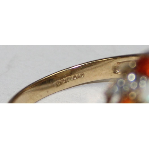 1129 - 9ct gold opal, diamond and orange stone set cocktail ring, full hallmarks and XRF confirmed, approx ... 