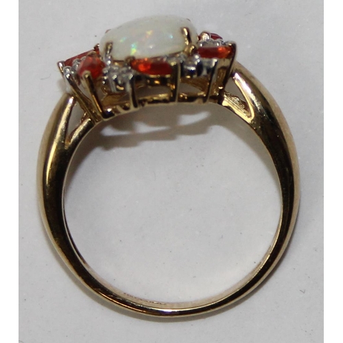 1129 - 9ct gold opal, diamond and orange stone set cocktail ring, full hallmarks and XRF confirmed, approx ... 