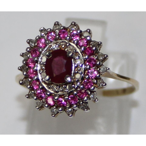 1130 - 9ct gold ruby and diamond cluster ring, partial hallmarks and XRF confirmed, approx size P, approx 2... 