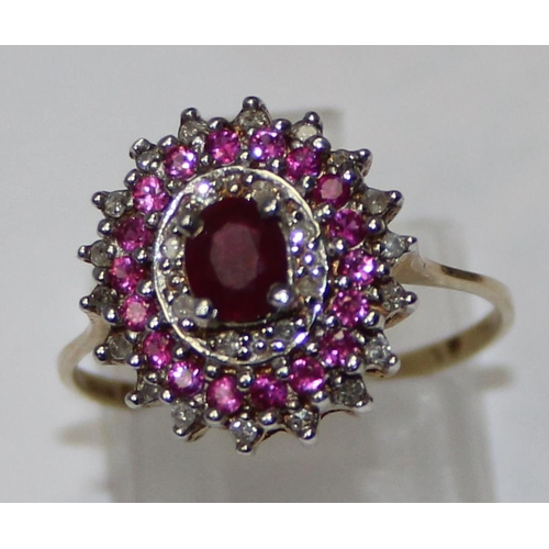 1130 - 9ct gold ruby and diamond cluster ring, partial hallmarks and XRF confirmed, approx size P, approx 2... 